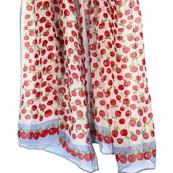 Vintage Style Cherry Print Sheer Scarf 40x14 Blue Border Lightweight Wrap - Picture 2 of 5